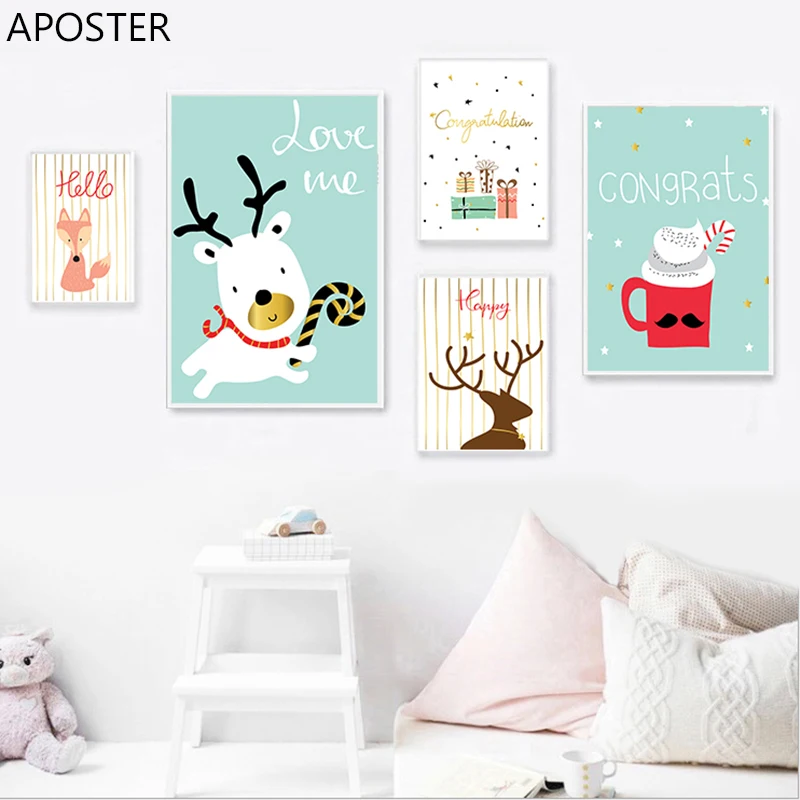 

Nordic Decoration Canvas Painting Happy Dog Deer Fox Animal Nursery Wall Art Poster and Prints Gift Picture For Babyroom Decor