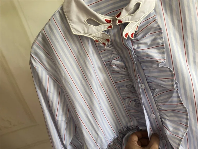 WHITNEY WANG Blouses Autumn Fashion Streetwear Finger Collar Ruffles Striped Blouse Women Blusas Office Lady Shirt Tops