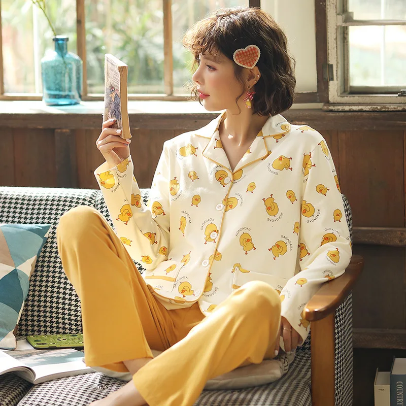 

Qt1946 # Small Yellow Duck Cardigan JZ Long Sleeve Korean-style Sweet Pajamas Tracksuit Two-Piece Set