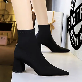 

2020 Women 6.5cm High Heels Boots Stretch Plush Ankle Boots Sexy Cheap Boots Fetish Square Block Low Heels Quality Autumn Shoes