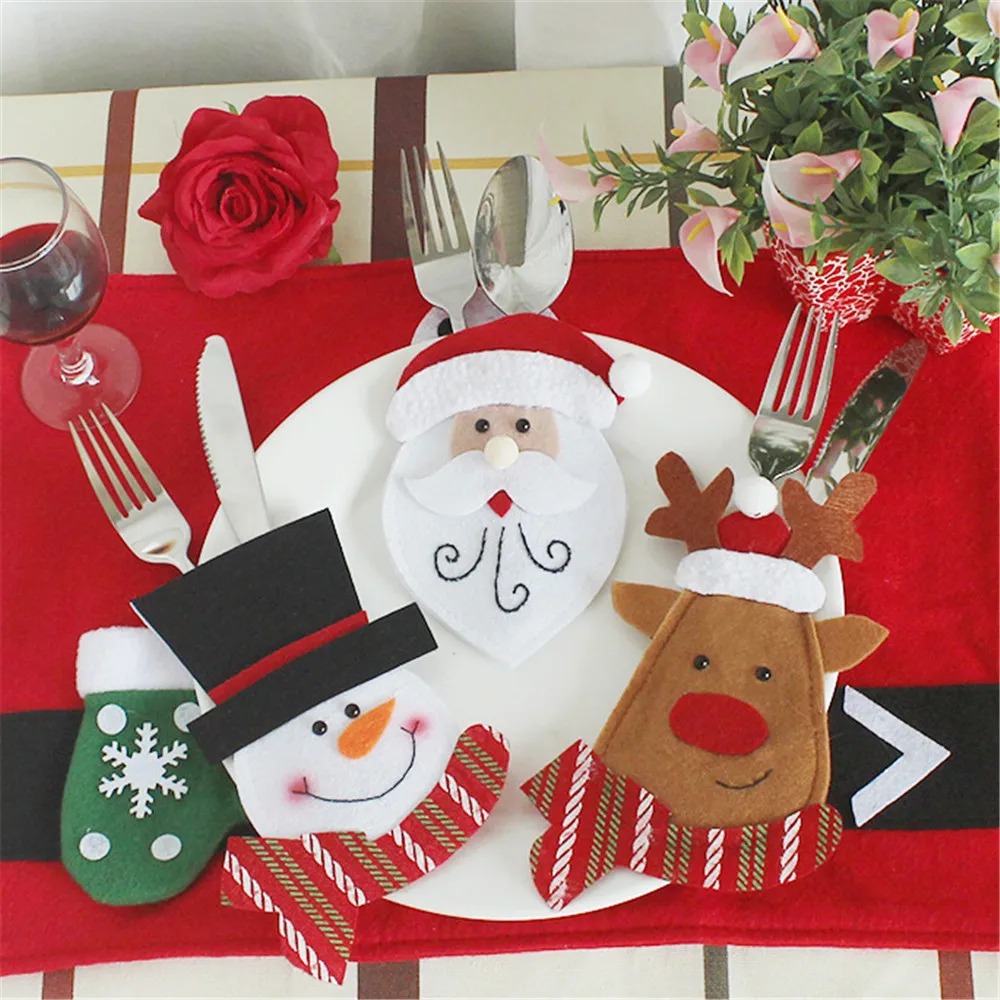 1/3 pcs Santa Hat Reindeer Christmas New Year Pocket Fork Knife Cutlery Holder Bag Home Party Table Dinner Decoration Tableware