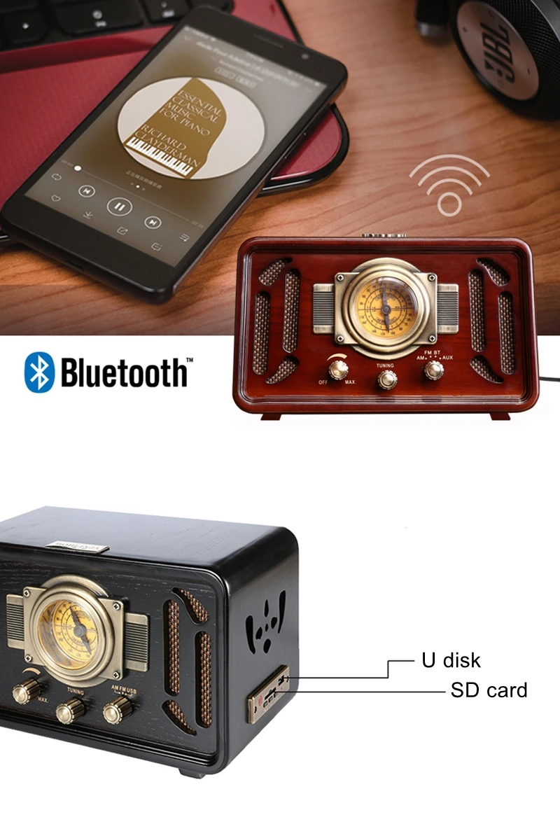 Ретро деревянный HIFI радио AM/FM 2x5 Вт настольные колонки Поворотная Настройка Поддержка Bluetooth U диск SD карты воспроизведения