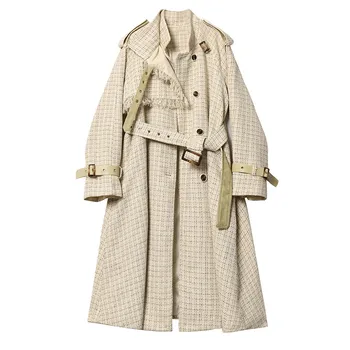 

2020 NEW Spring unique design Windbreaker female Autumn Winter Tweed Long Waist Pliad Trench Coat Women Overcoats xa300