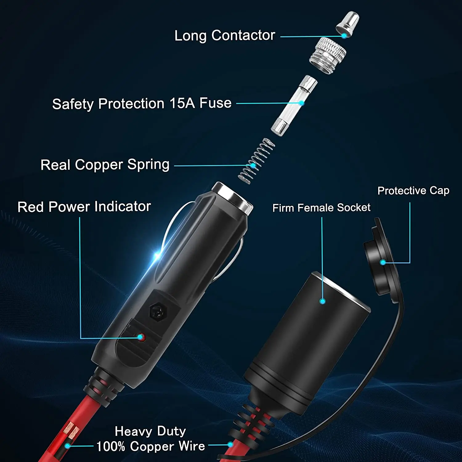 Extractme 12V 24V 15A Car Cigarette Lighter Extension Cord 3.6M 16AWG Car Splitter Charger Cable Socket Plug Auto Accessories_voghion.com
