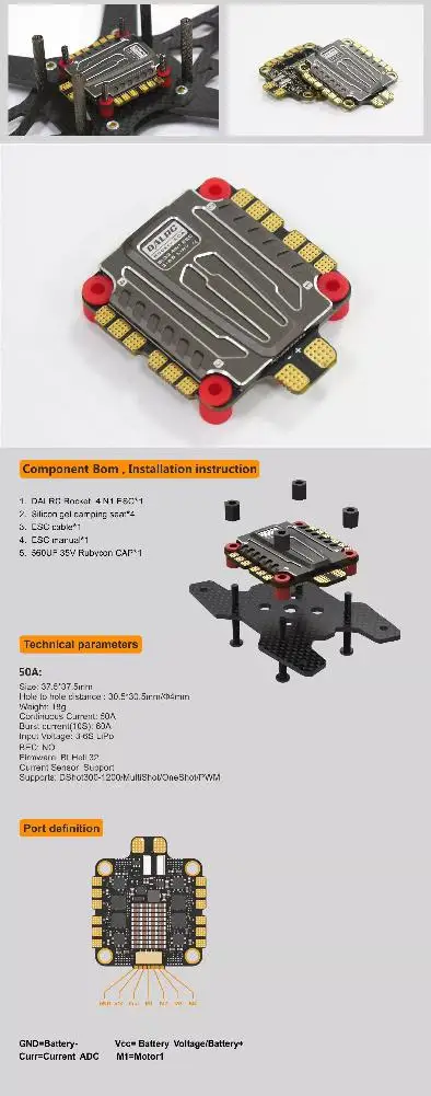 DALRC Rocket 50A 3-6S Blheli_32 DSHOT1200 готов 4 в 1 FPV гоночный бесщеточный ESC 30,5x30,5 мм