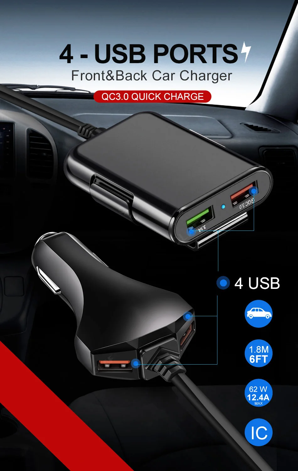 Олаф переднее/заднее сиденье 4 порта USB быстрая зарядка 3,0 Автомобильное зарядное устройство для iPhone huawei 60 Вт 12А быстрое зарядное устройство для телефона Xiaomi samsung