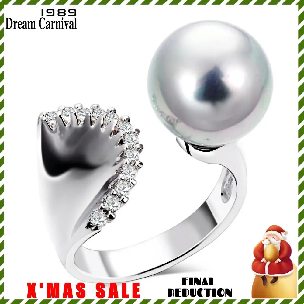 DC1989 Women Wedding Ring Mermaid Look 12 mm Synthetic Pearl 3 Colors CZ Paved Rhodium Color Femmes Anneaux Sizes 5 6 7 8 9 10