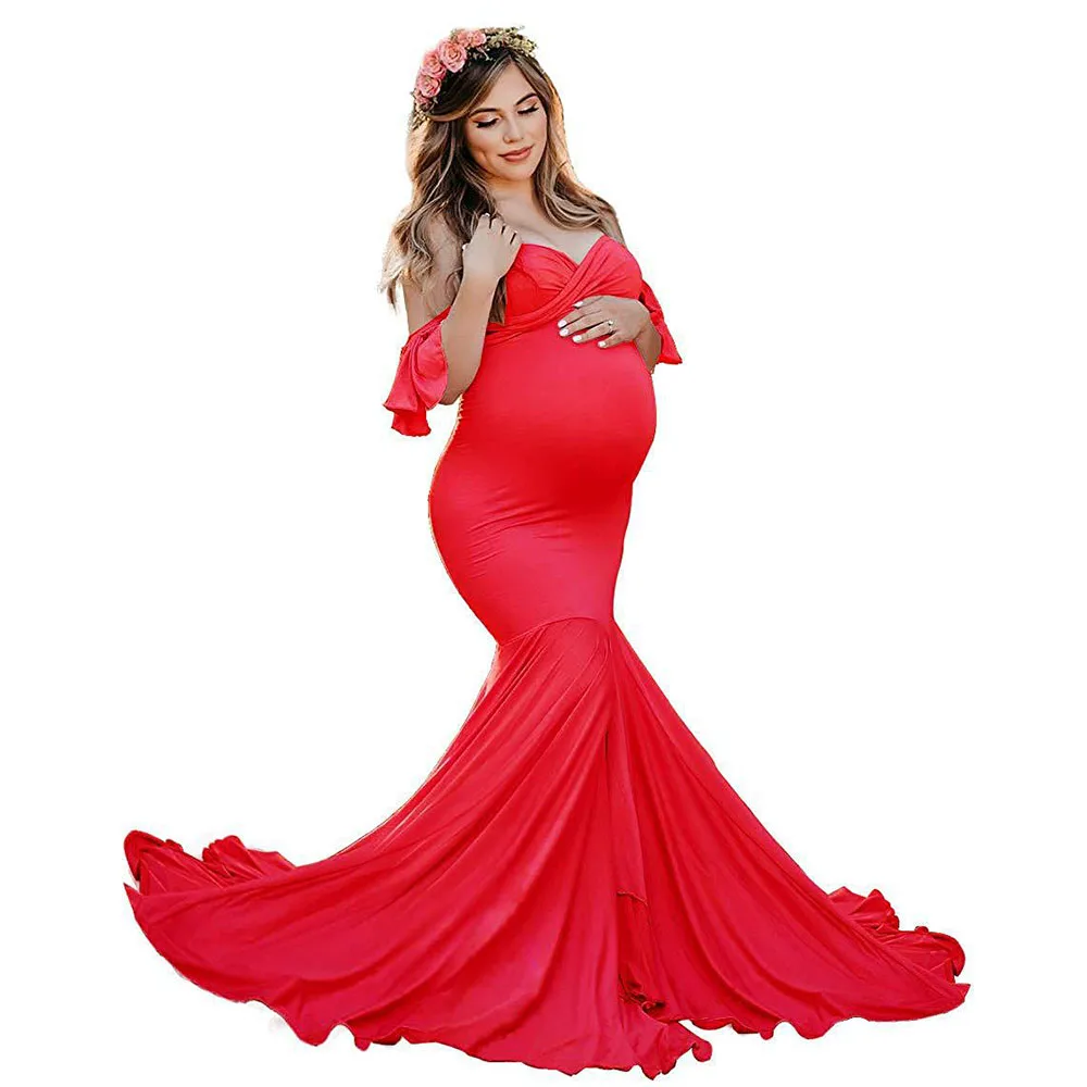 Shoulderless Maternity Dresses For Photo Shoot Sexy Ruffles Sleeve Pregnancy Dress New Maxi Gown Pregnant Women Photography Prop (7)