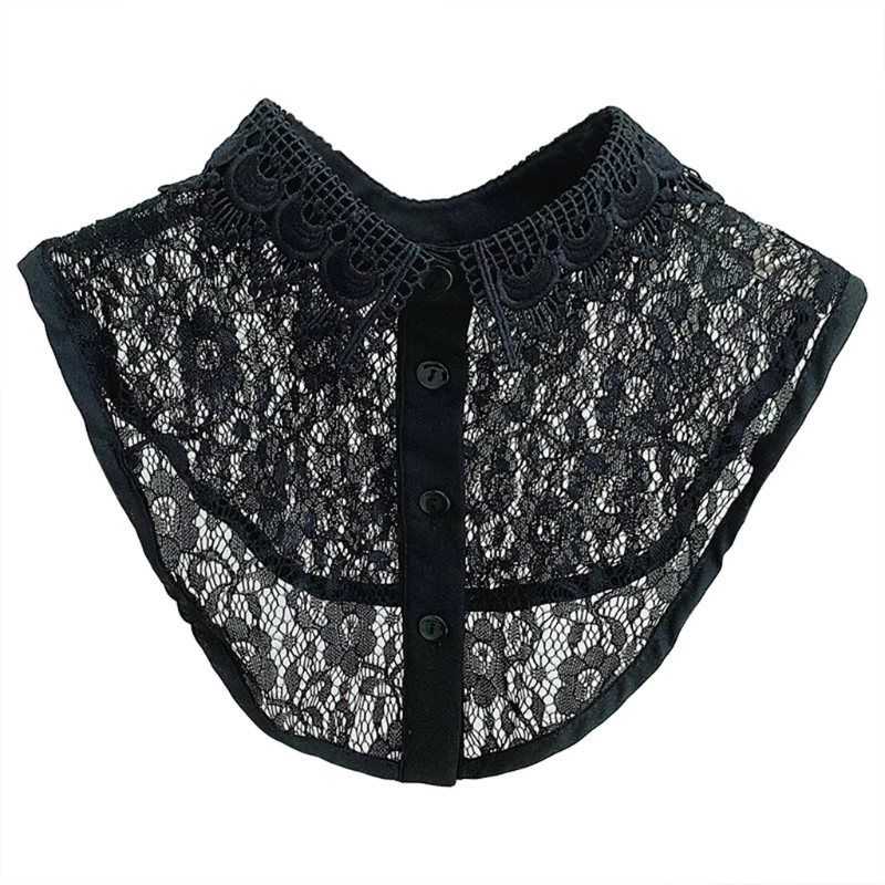 

Women Hollow Floral Lace High Low Hem False Fake Collar Button Adjustable Sweater Detachable Lapel Half Shirt Blouse