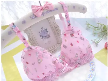 

Lolita Girl Japanese Sexy Transparent Bra Panty Set Underwear Women Pink Print Chiffon Wire Free Bra and Panties Intimates Set