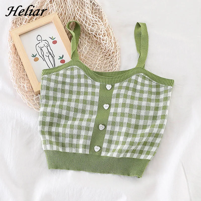 Simple Tops Camis Buttons Club Spaghetti Knitting Plaid HELIAR Sexy Women Solid Ladies