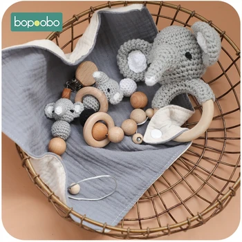 

Bopoobo 5PCS Cartoon Elephant Rattle Chain Set Wooden Teether Toys Babies Safty Useful Tool Pacifier Clip Wooden Customized For