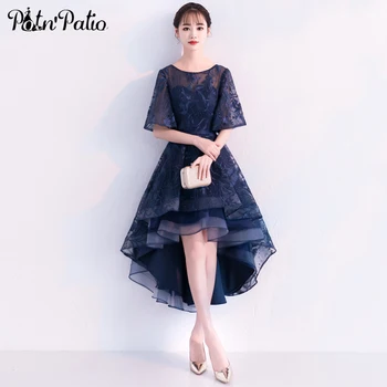 

Navy Blue High Low Prom Dresses 2020 Plus Size Elegant O-neck Short Front Long Back Lace Evening Gowns With Cap Sleeves