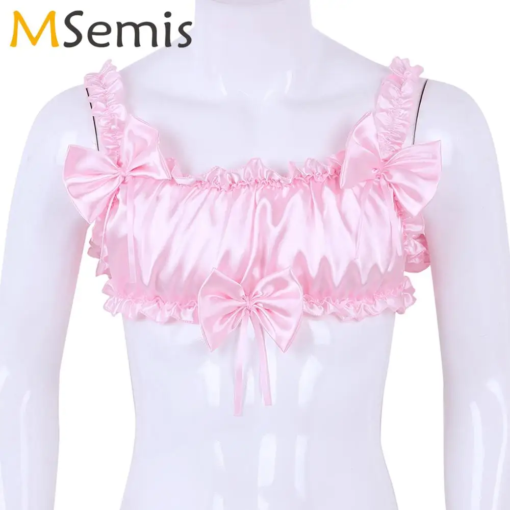 US Men Sissy Lingerie Satin Frilly Bra Elastic Wide Shoulder Straps Backless Top