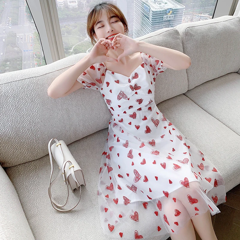 

Female French One-shoulder Dress Summer Women's Dress 2021 New Print Love Heart Short-sleeved Mesh Clear High Waist Midi Dress
