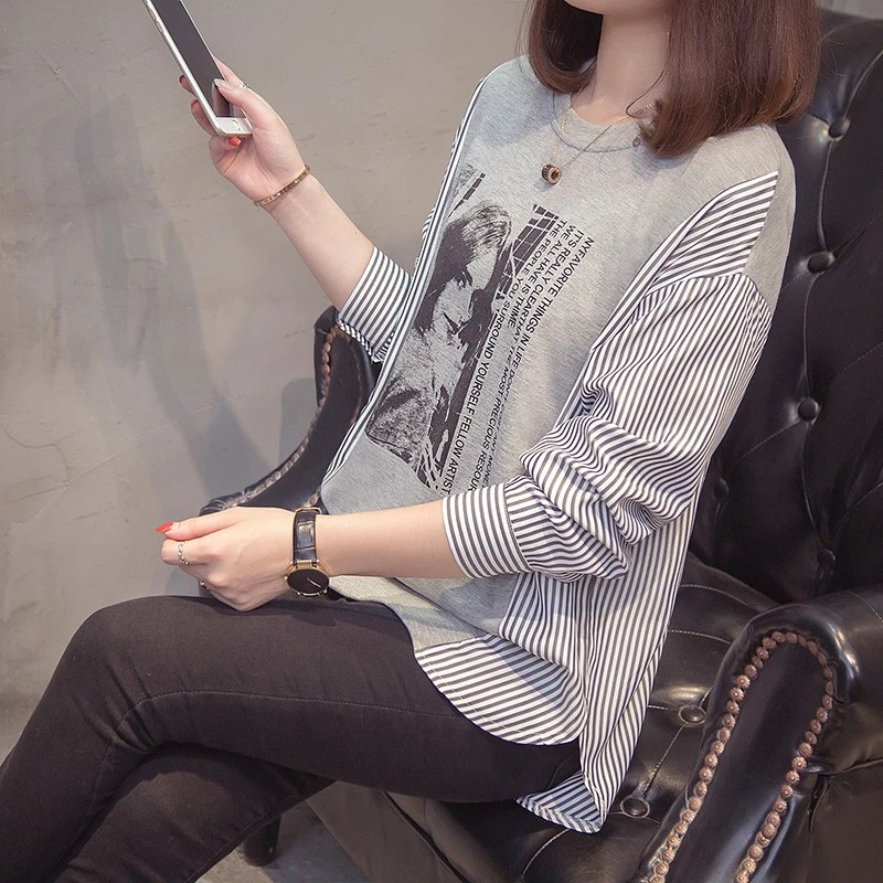 Plus Size Striped Patchwork Tops T-shirt Women Autumn Casual Loose Graphic Tee Shirt Oversized Long Sleeve Korean Tunics