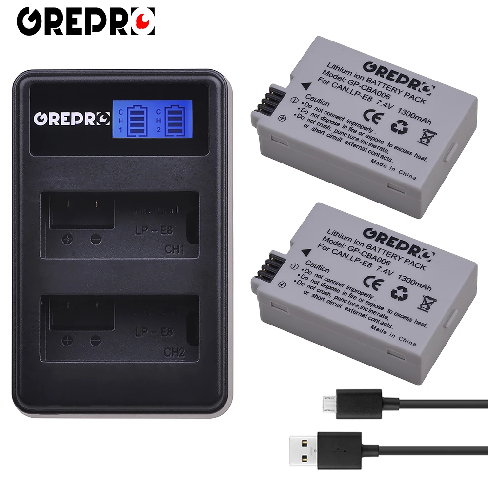 GREPRO LP-E8 LP E8 LPE8 батарея для камеры AKKU+ двойной ЖК USB зарядное устройство для Canon EOS 550D 600D 650D 700D Rebel T2i T3i T4i T5i