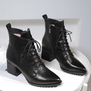 

Plus size 42 women's genuine leather thick high heel lace-up ankle boots elegant ladies comfortabler autumn short booties shoes