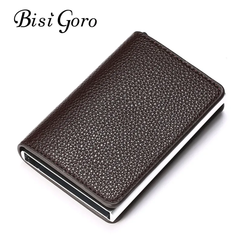 

BISI GORO RFID Aluminum Card Holder Litchi Soft Leather Pop-Up Card Wallet Information Protector Security Clutch Smart Wallet