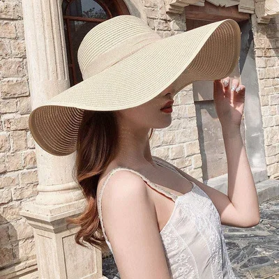 Big Head Circumference Solid Color Wide-brimmed Summer Hat Big-brimmed Straw Hat and Travel Seaside Sun