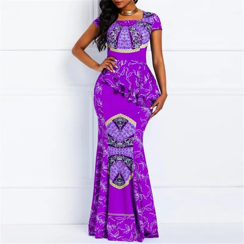 

Women Maxi Dresses Casual Elegant Party Mermaid Square Neck Ethnic Print African Female ankarastyles Plus Size High Waist Dress