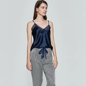 

Satin Sexy Strap Top&Pants 2PCS Pajamas Suit Women Summer New Nightwear Pyjamas Home Clothes Silky Lace Pyjamas Negligee