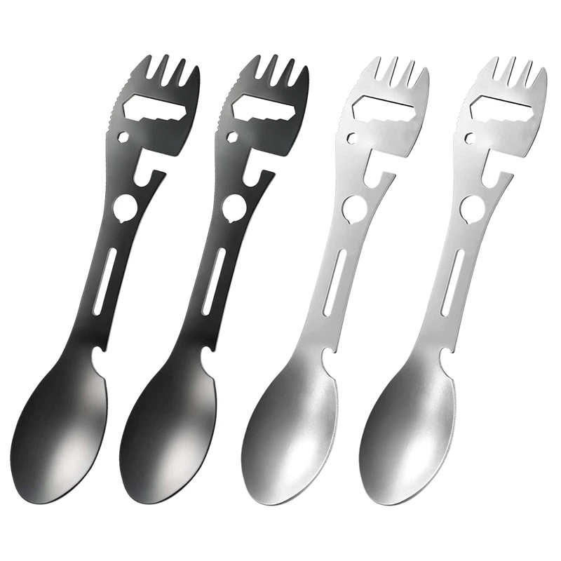 Hot 4Pcs 10In1 Camping Spork Multi Functional Spork Spoon Can Opener