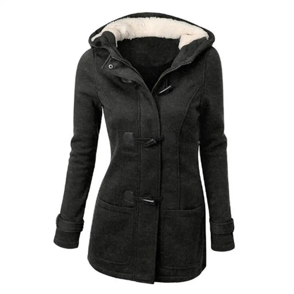 Зимнее модное женское однотонное пальто размера плюс с роговой пряжкой и длинным рукавом - Цвет: Dark Gray
