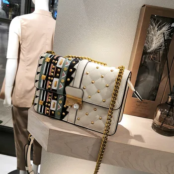 

Women's Bag 2020 new rivet one-shoulder oblique bag chain small square bag