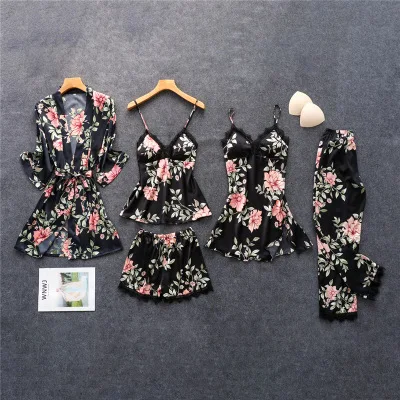 

Women's Pajamas Silk Floral Overall Print 5Pcs Pajama Set Satin Pyjamas Sexy Lace Pijama Nightie Sleepwear Home Clothes new