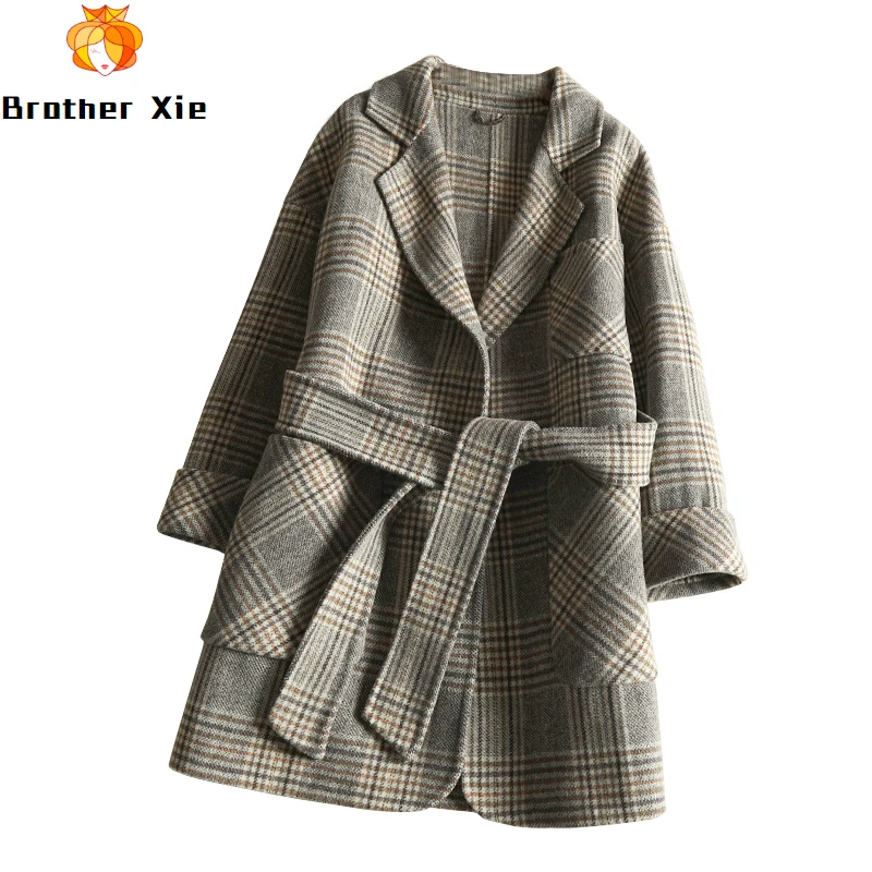 

New winter autumn 2020 sashes cashmere coat female plover large medium long plaid woolen cloth coat show slim 100% wool coats