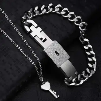 

Key Necklace And Lock Bracelet jewelry Set Couples Jewelry Valentines Gifts men women Silver color fashion jewelry