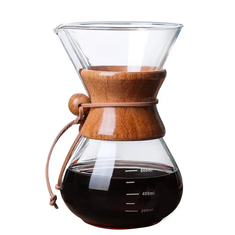 600ml coffee pot Налейте на кофеварку стеклянный графин и многоразовый постоянный фильтр из нержавеющей стали ручной капельница для кофе с настоящим деревянным рукавом - Цвет: 600ml coffee pot