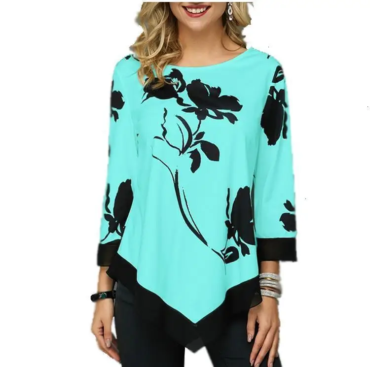 2020 New Women Shirt Spring Autumn Printing O-neck Blouse 3/4 Sleeve Casual Hem Irregularity Female Fashion Shirt Tops Plus Size - 4.00045E+12