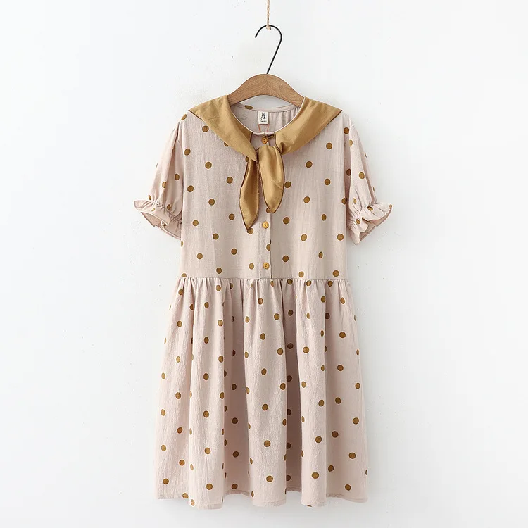 

Japanese-style Soft Girl Hipster Lace-up Bow Collar Short Sleeve Versatile Contrast Color Polka Dot Cotton Linen Full Body Dress