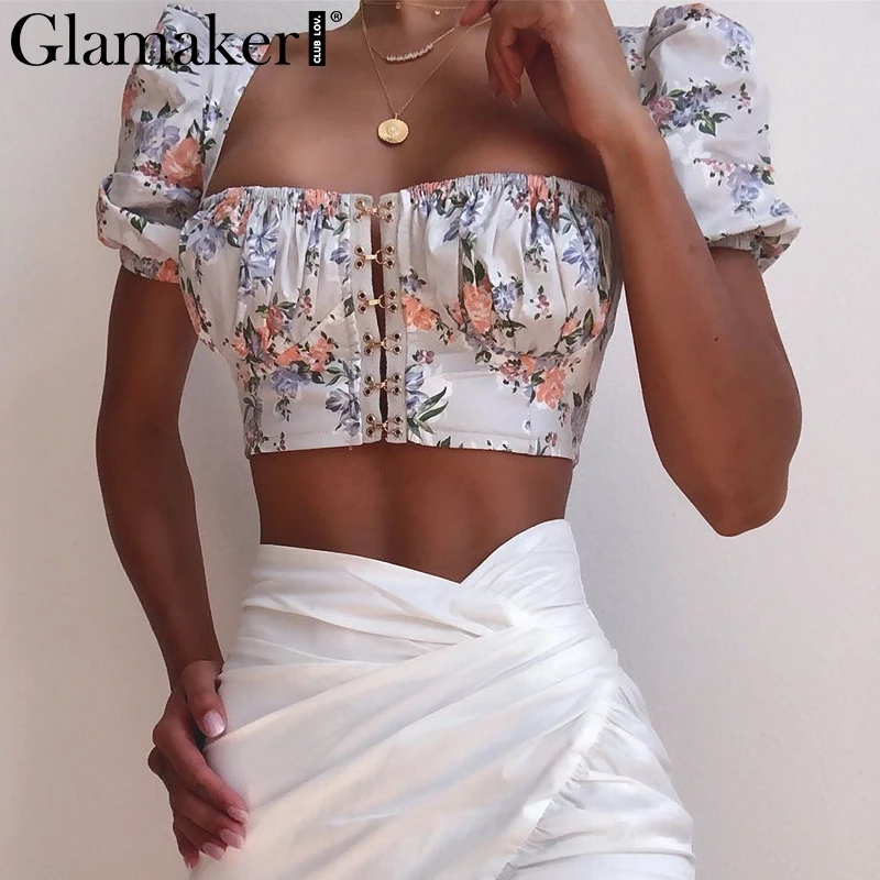 Glamaker, топ с пышными рукавами и цветочным принтом, сексуальные майки, женская летняя укороченная одежда, укороченный топ, Женский Топ с квадратным воротником, уличная одежда