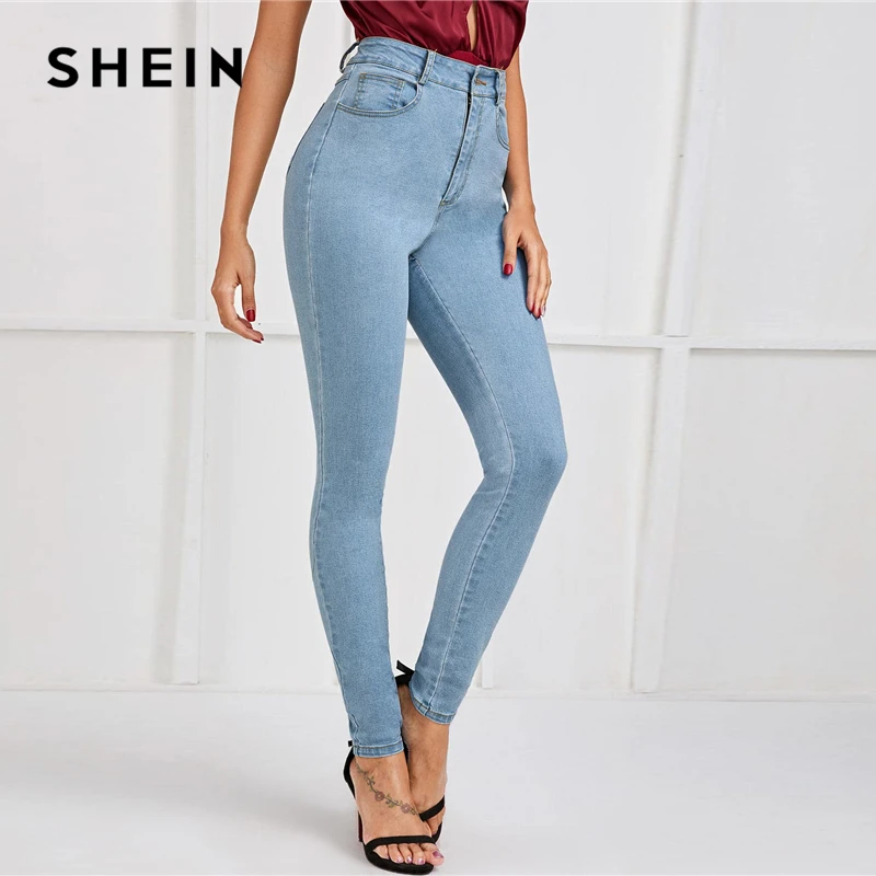SHEIN светло-голубые облегающие повседневные джинсы на пуговицах, женские штаны, осень, уличная мода с высокой талией, длинные джинсовые брюки