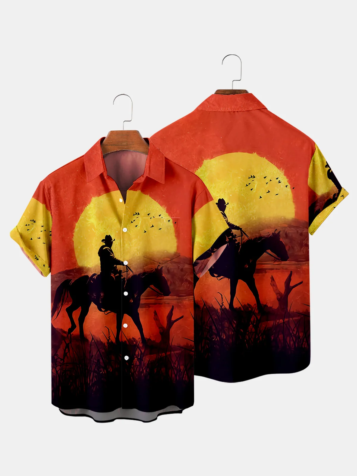 

2021 New Male Cowboy Oil Painting Printed Shirt Men Short Sleeve Top Summer Hawaiian Shirts Turn-down Collar Shirt