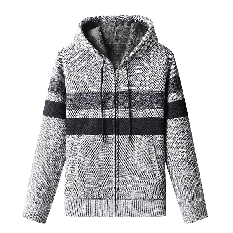 Autumn Winter Fleece Cardigan Thick Warm Knit Sweater Coat Casual Hooded Stripe Zipper Overcoat Wool Brand Korean Y2K Jacket