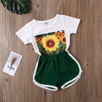 

Summer Toddler Kids Girl Clothes Sets 2-7Y Sunflowers Print Short Sleeve Tops Shorts Casual Outfits Set Clothes