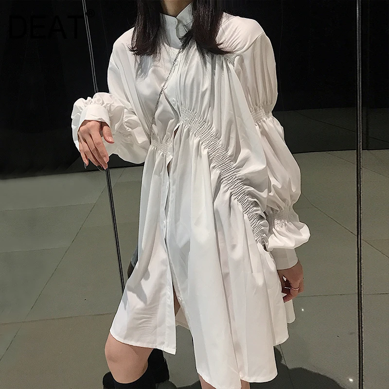 

DEAT 2019 New Autumn And Winter Turn-down Collar Lantern Sleeves Pleated Single Breasted Shirt Blouse Cotton WJ16400