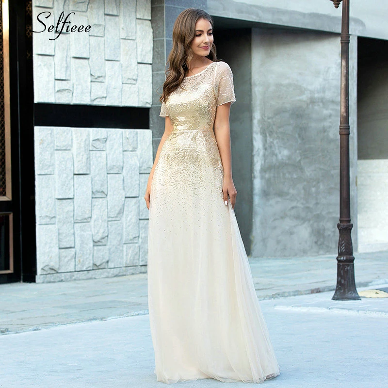 

Elegant Gold Maxi Dress A-Line O-Neck Short Sleeve Sequined Draped See-Through Tulle Summer Dress Women Sparkle Party Dress 2020