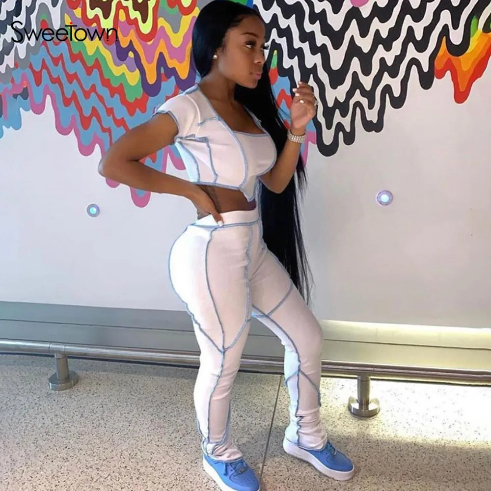 

Sweetown Striped Patchwork Sporty Matching Set Women Fashion Casual Workout 2 Piece Outfits Short Sleeve Crop Top And Pants Sets