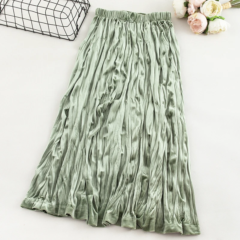 TIGENA Vintage Fold Velvet Skirt Women Fashion Korean High Waist Pleated Long Maxi Skirt Female Ladies Green Pink Blue