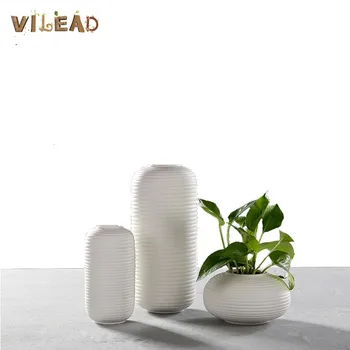 

VILEAD 3 Styles White Ceramic Vase With Geometric Stripes Hydroponic Modern Minimalist Flower Vase Living Room Home Decoration