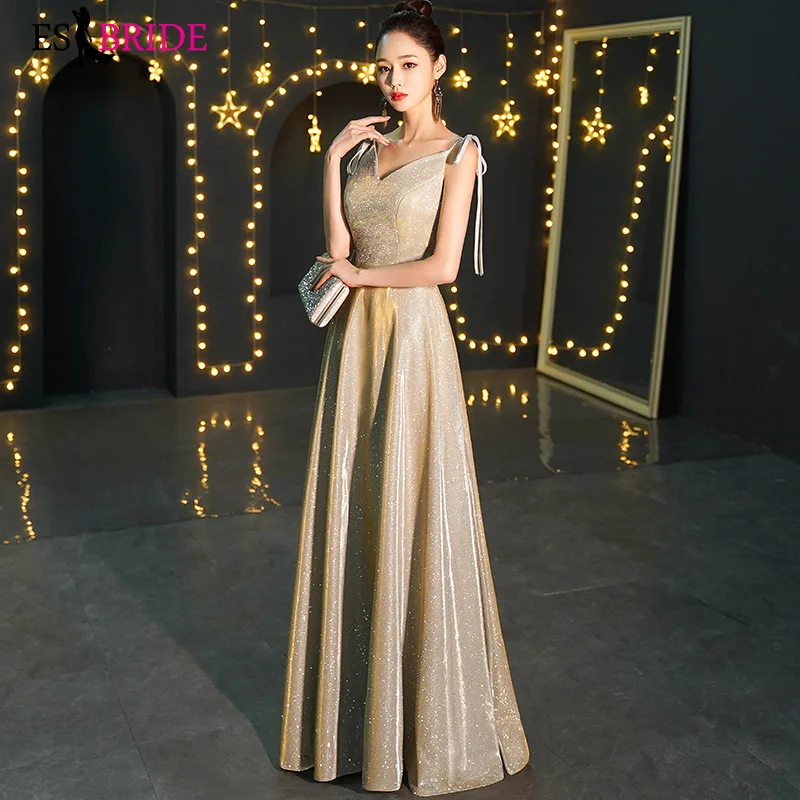 

Sparkle Gold Evening Dresses ES30200 A-Line V-Neck Sequined Sleeveless Formal Gowns For Party Robe De Soiree 2019