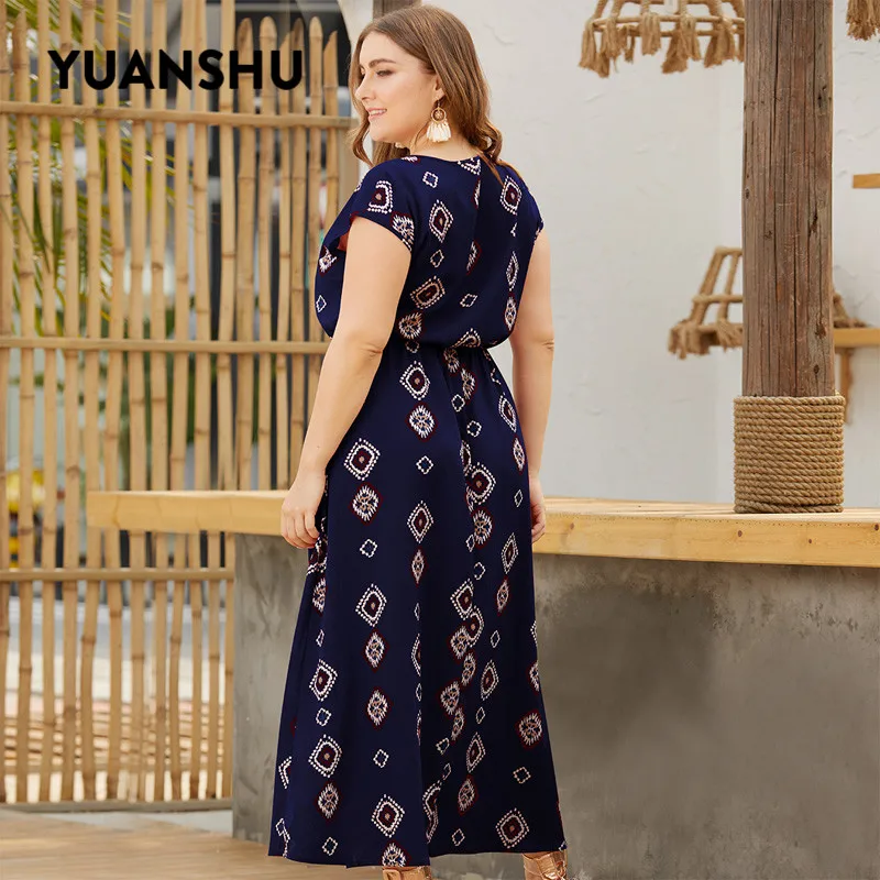 YUANSHU, XL-4XL размера плюс, богемное, с принтом, длинное платье для женщин, с круглым вырезом, с высокой талией, выше размера d, платье для праздника, вечеринки, платье большого размера