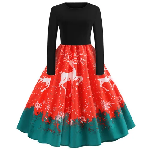 Женское осенне-зимнее рождественское платье, плюс размер, Повседневное платье с длинным рукавом, а-силуэт, элегантное винтажное праздничное платье, vestidos robe femme - Цвет: 001