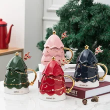 420ml Weihnachten Baum Keramik Becher Kaffee Milch Kawaii Nette Tassen Mit Deckel Mode Mädchen Büro Trinken Tasse Latte Espresso tassen