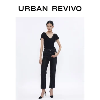 

URBAN REVIVO Women Summer Semi-Sheer Lace Shirt Round Neck With Ruffles WG13S9BN2005